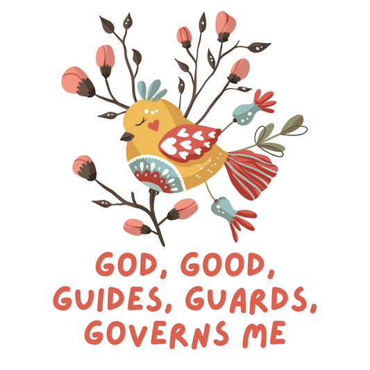 Colorful bird illustration with floral elements and text on a white background