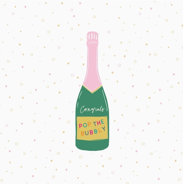 Illustration of a champagne bottle with 'Congrats Pop the Bubbly' text on a polka dot background