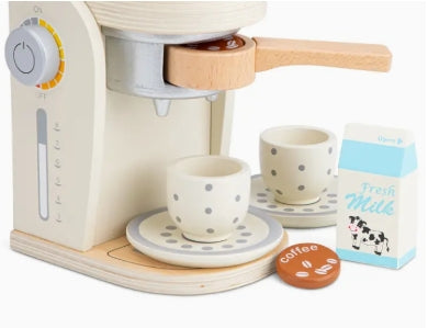 Children's toy coffee maker set with cups and milk carton on a white background