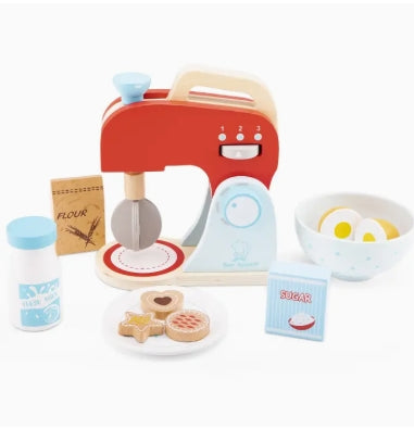 Wooden toy mixer with toys on a white background