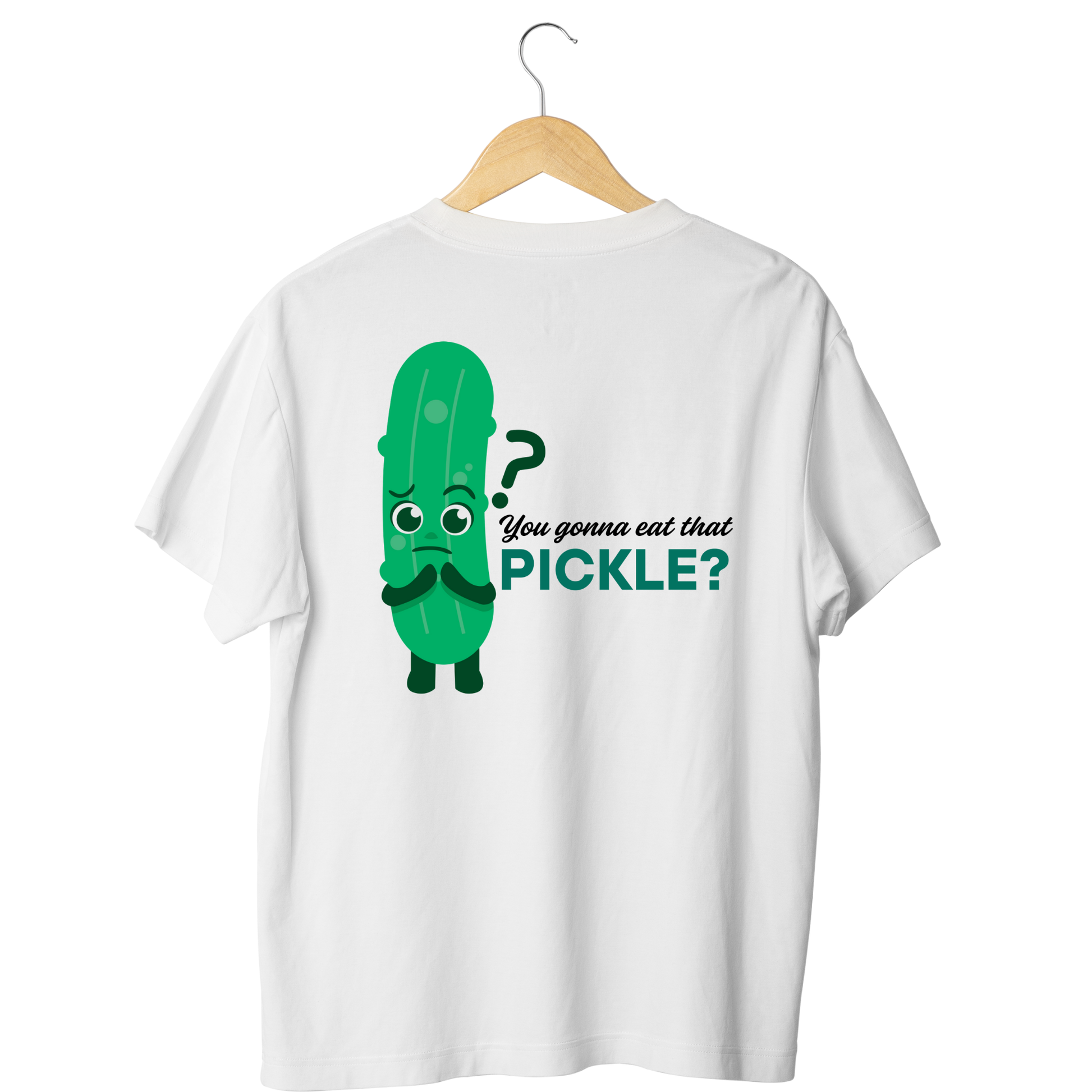 White t-shirt with a pickle graphic and text on a hanger against a white background