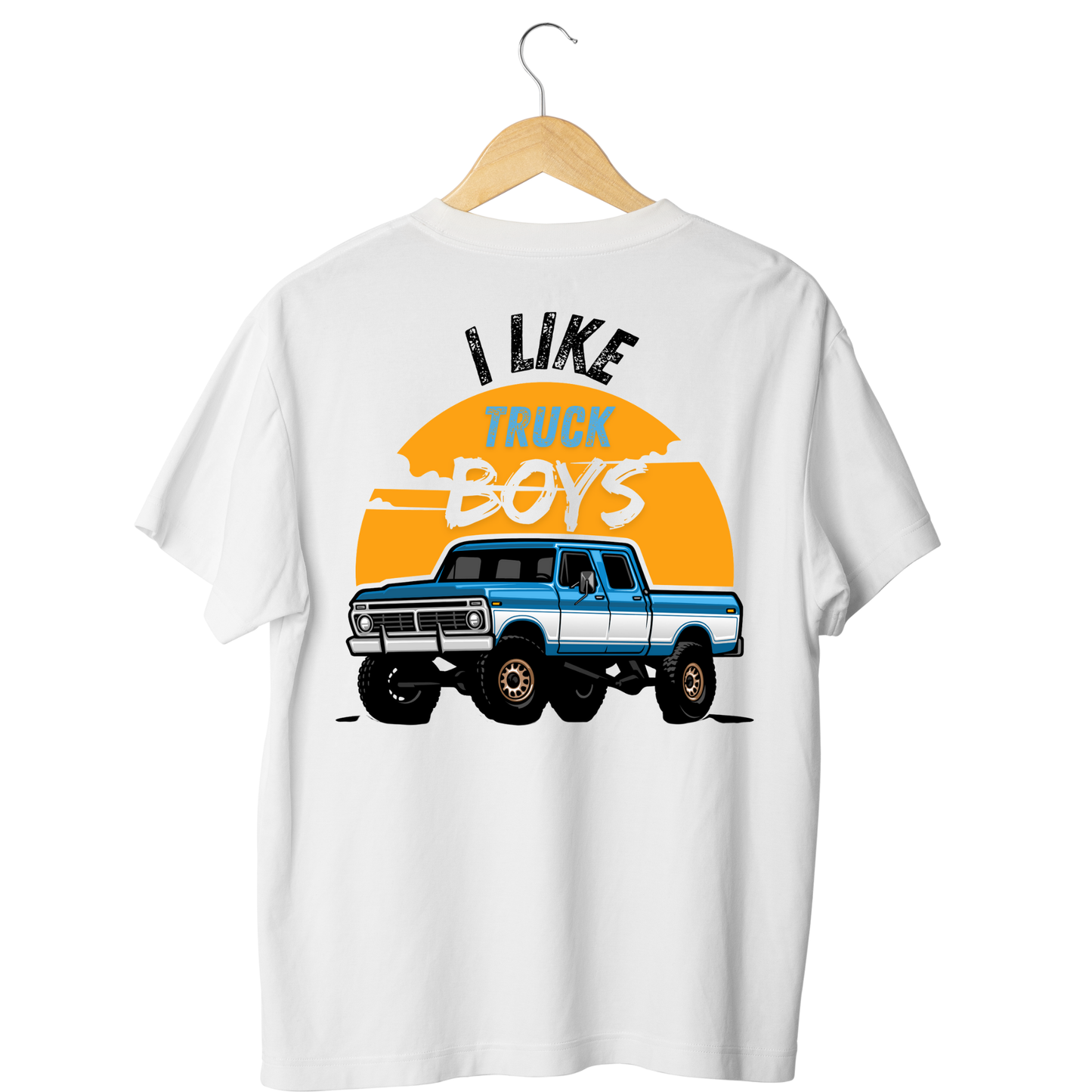 White t-shirt with a graphic of a truck and text 'I Like Truck Boys' on a hanger against a white background
