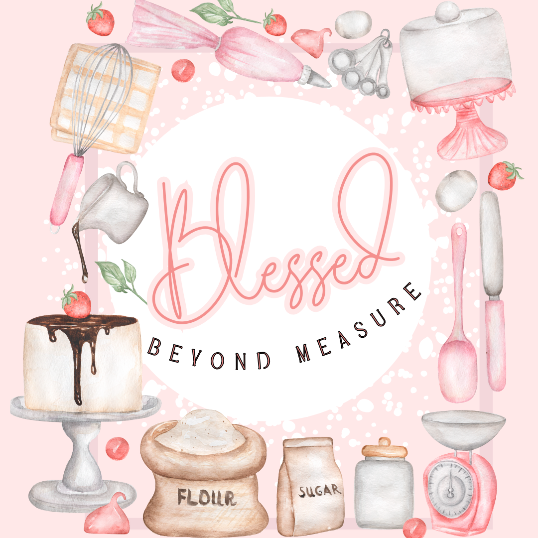 Illustration of baking-themed elements with the word 'Blessed' on a pink background