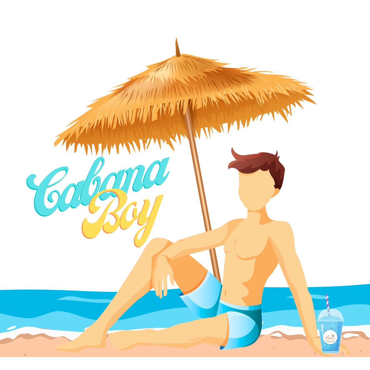 Cartoon character of a man in swim trunks sitting under a straw umbrella with 'Cabana Boy' text on a beach.