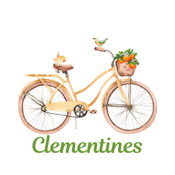 Illustration of a bicycle with a basket of oranges and the word 'Clementines' on a white background.