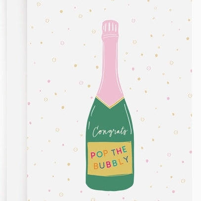 Card with a champagne bottle illustration and 'Congrats Pop the Bubbly' text on a white background with polka dots.