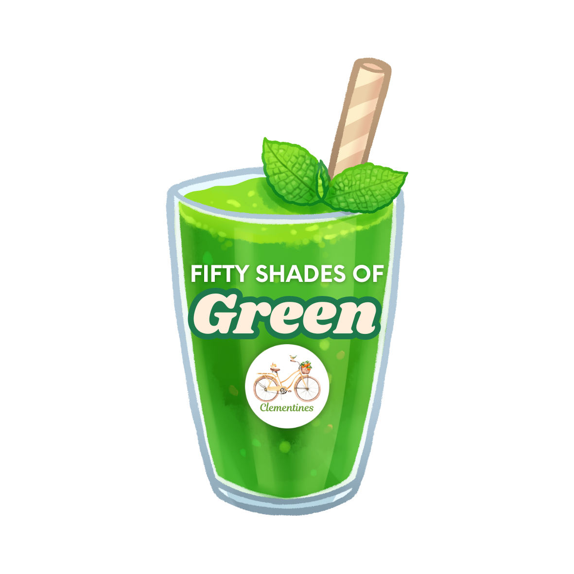 Green smoothie in a glass with a straw and mint leaves on a white background