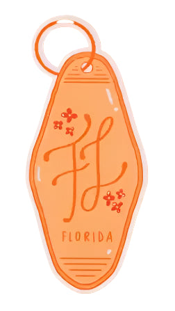 Orange keychain with 'ff' logo and 'Florida' text on an orange background