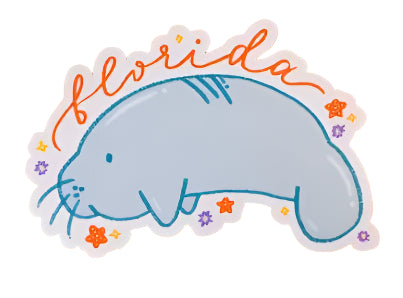 Sticker of a manatee with 'Florida' text on an orange background