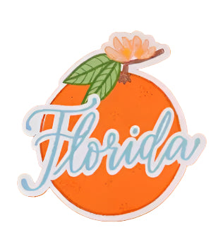 Sticker with an orange and leaf on a bright orange background, featuring the word 'Florida'.