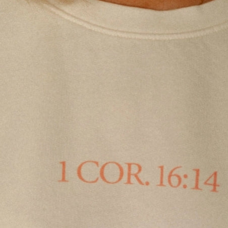 Beige sweatshirt with '1 COR. 16:14' text in red.