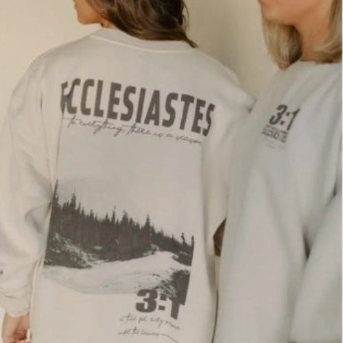 Two people wearing light gray sweatshirts with text and graphics on a plain background