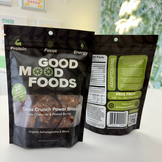 Good Mood Foods cocoa crunch power bites packaging on a white surface with a blurred background