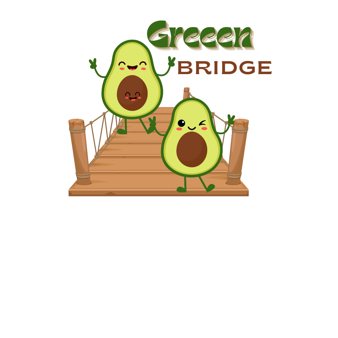 Two cartoon avocados on a bridge with 'Green Bridge' text above.