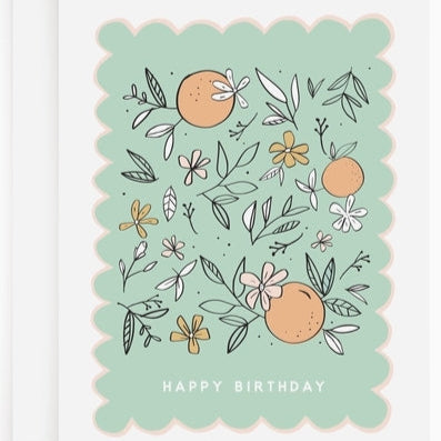 Greeting card with floral design and 'Happy Birthday' text on a light green background