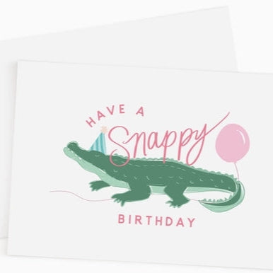 Card with a crocodile illustration and 'Have a Snappy Birthday' text on a white background