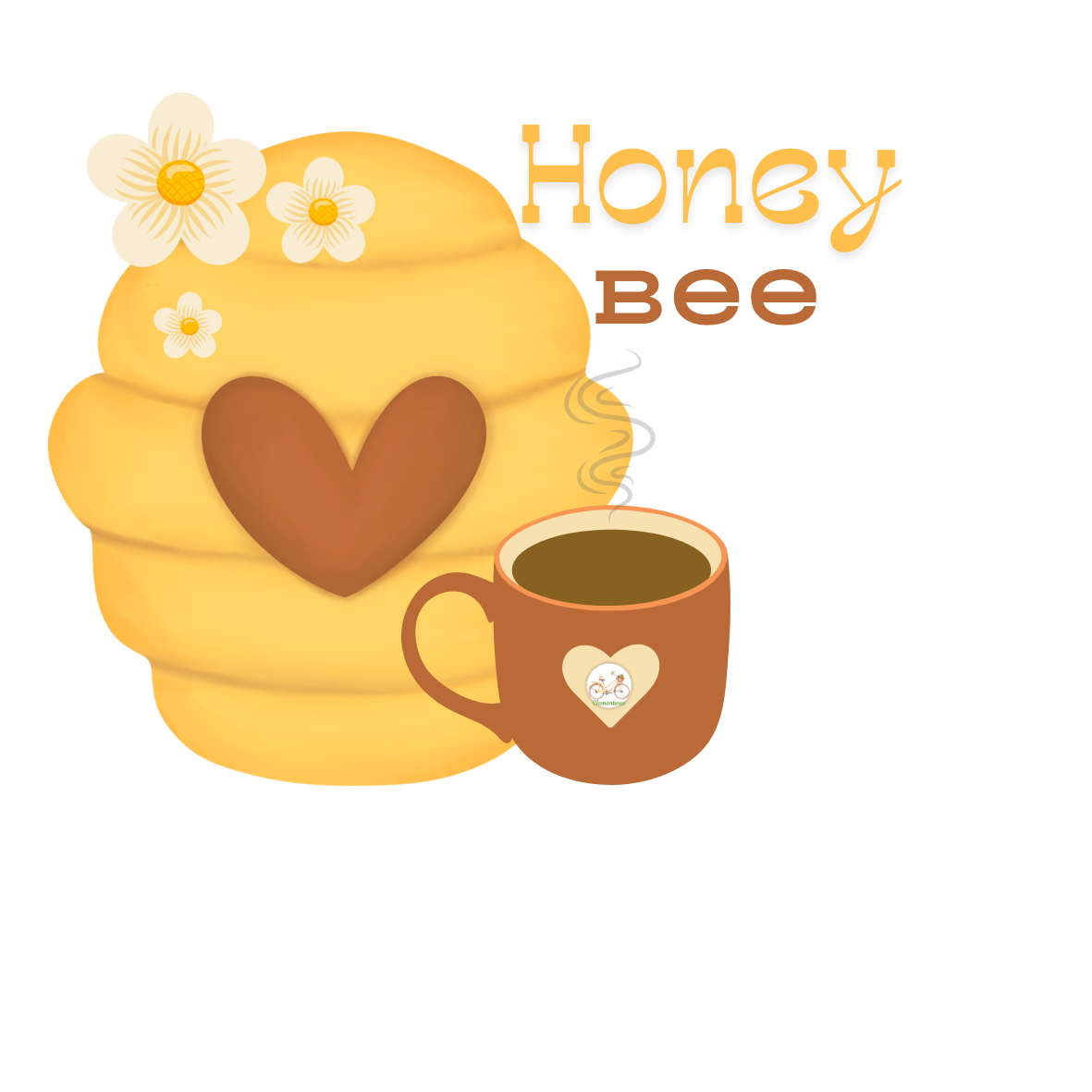 Illustration of a yellow honeycomb with a heart and a cup of honey, featuring the text 'Honey Bee'.