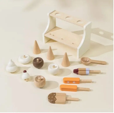 Set of wooden ice cream cones and bars on a white background