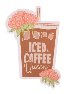 Sticker design of an iced coffee cup with flowers on an orange background