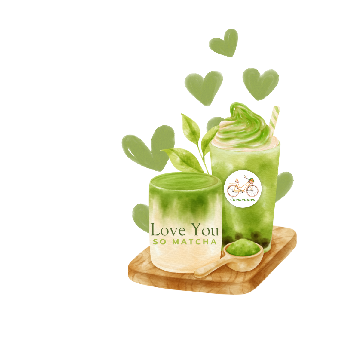 Green matcha-themed product with 'Love You So Matcha' text on a white background