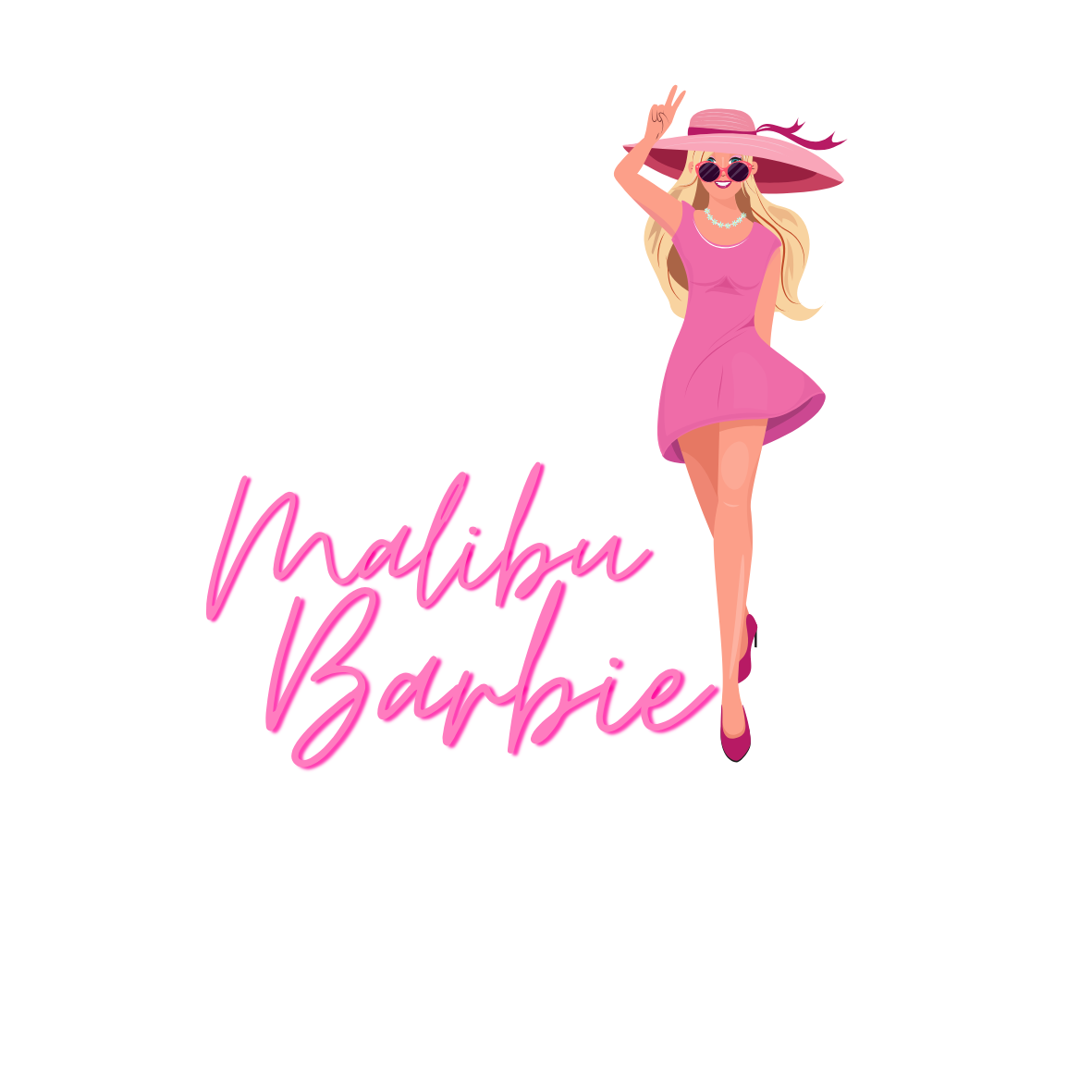 Cartoon character in a pink dress and hat with 'Malibu Barbie' text on a white background