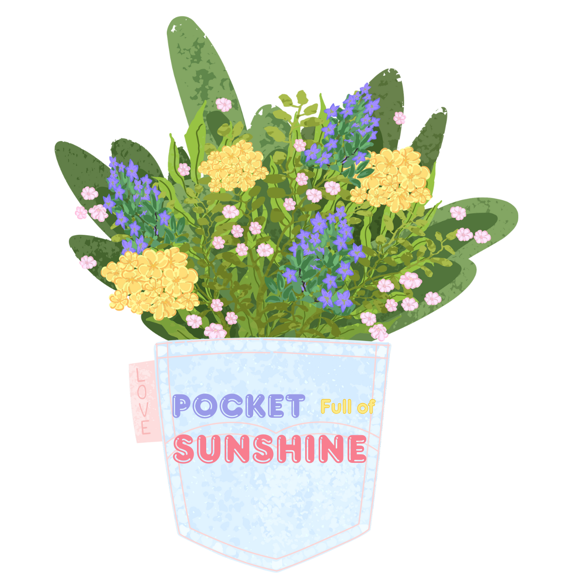 Floral arrangement in a pocket with 'Pocket Full of Sunshine' text on a white background