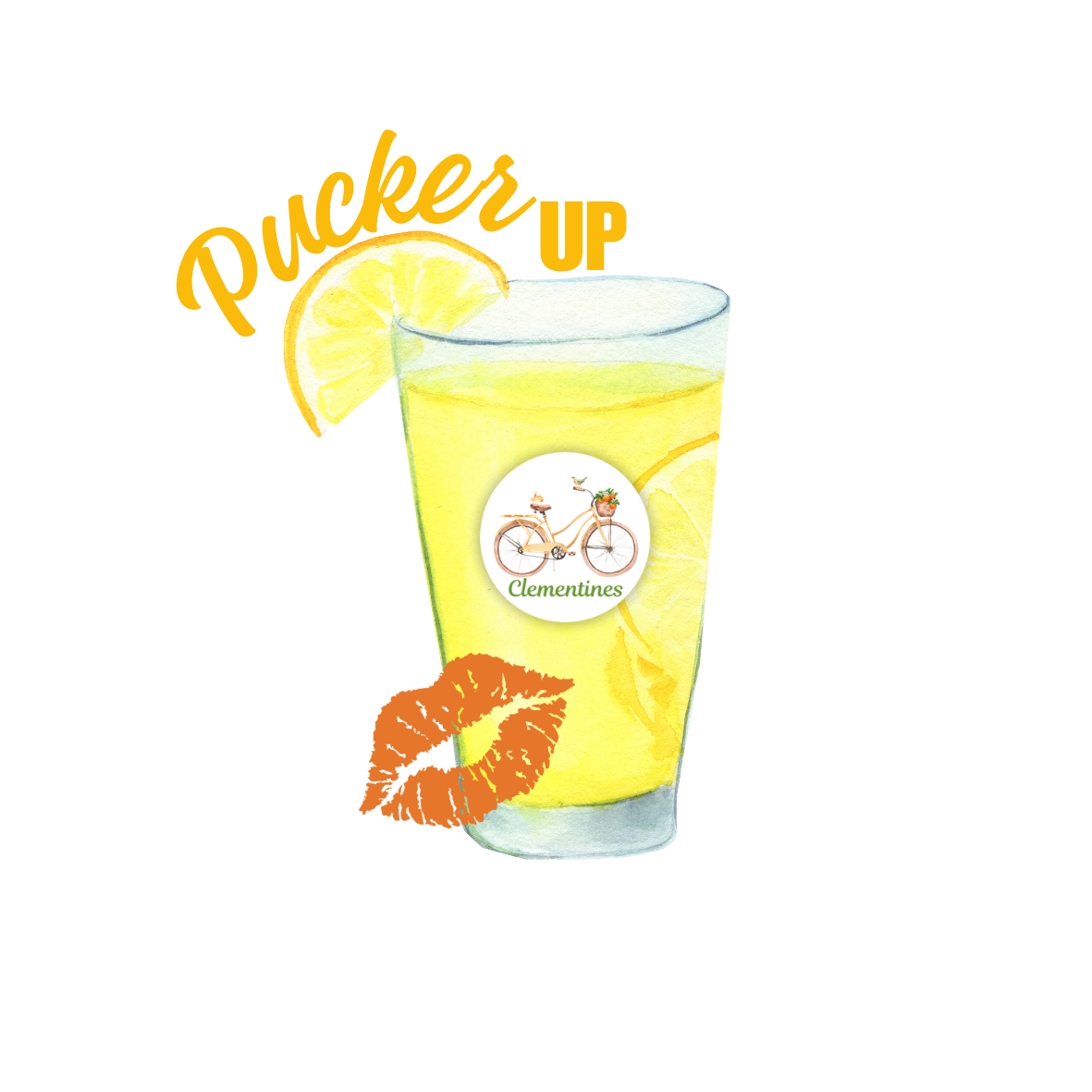 Glass of lemonade with a slice of lemon and a cherry, labeled 'Pucker Up' on a white background.