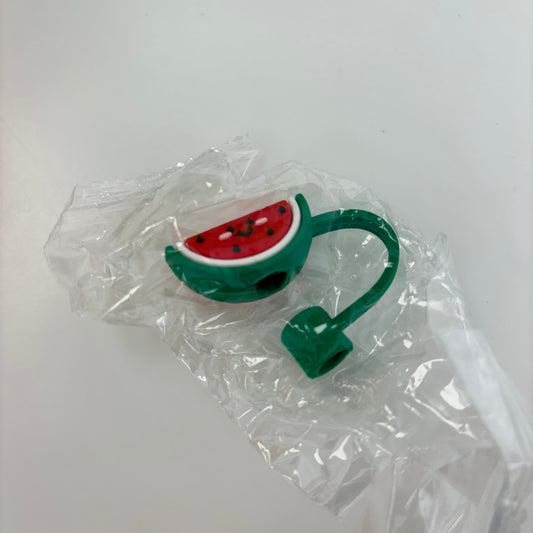 Watermelon-themed straw topper with a green stem on a white background