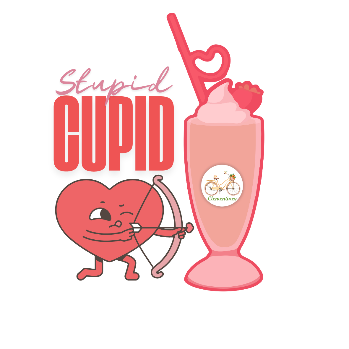 Pink drink with heart-shaped straw and cartoon heart character holding bow and arrow, labeled 'Stupid Cupid'.