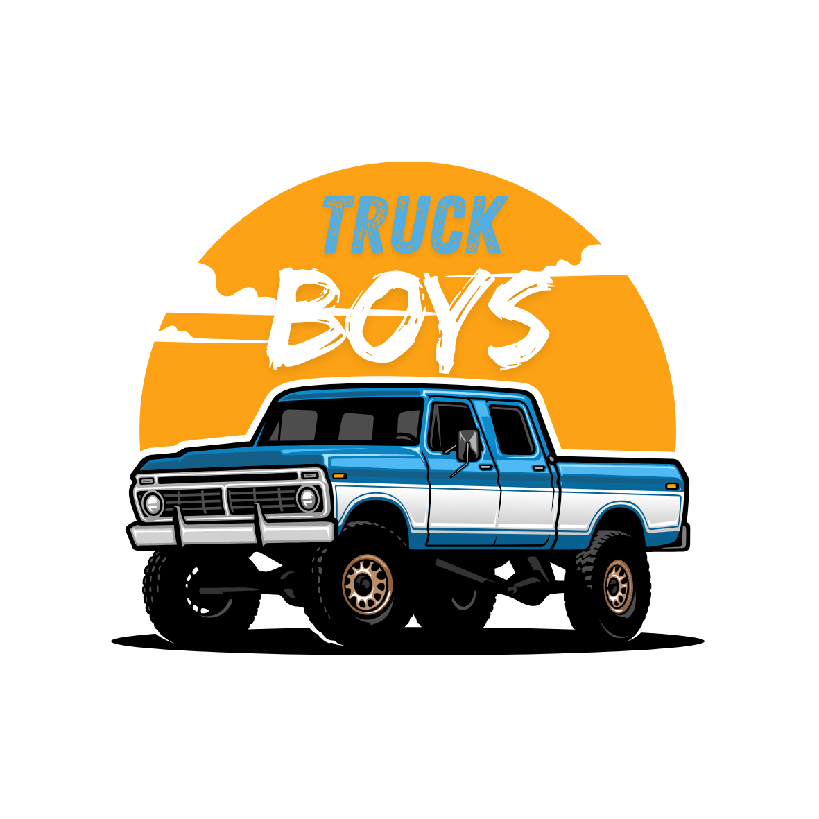 Blue and white truck with 'TRUCK BOYS' text on an orange and yellow background
