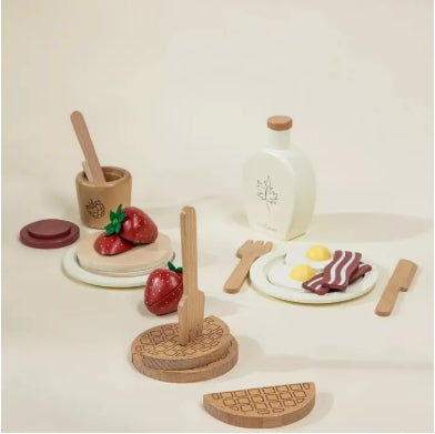 Wooden toy food set on a white surface
