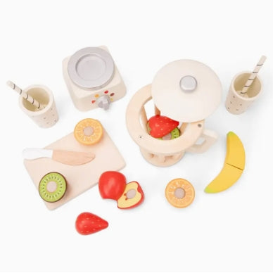 Wooden toy kitchen set with fruits and utensils on a white background