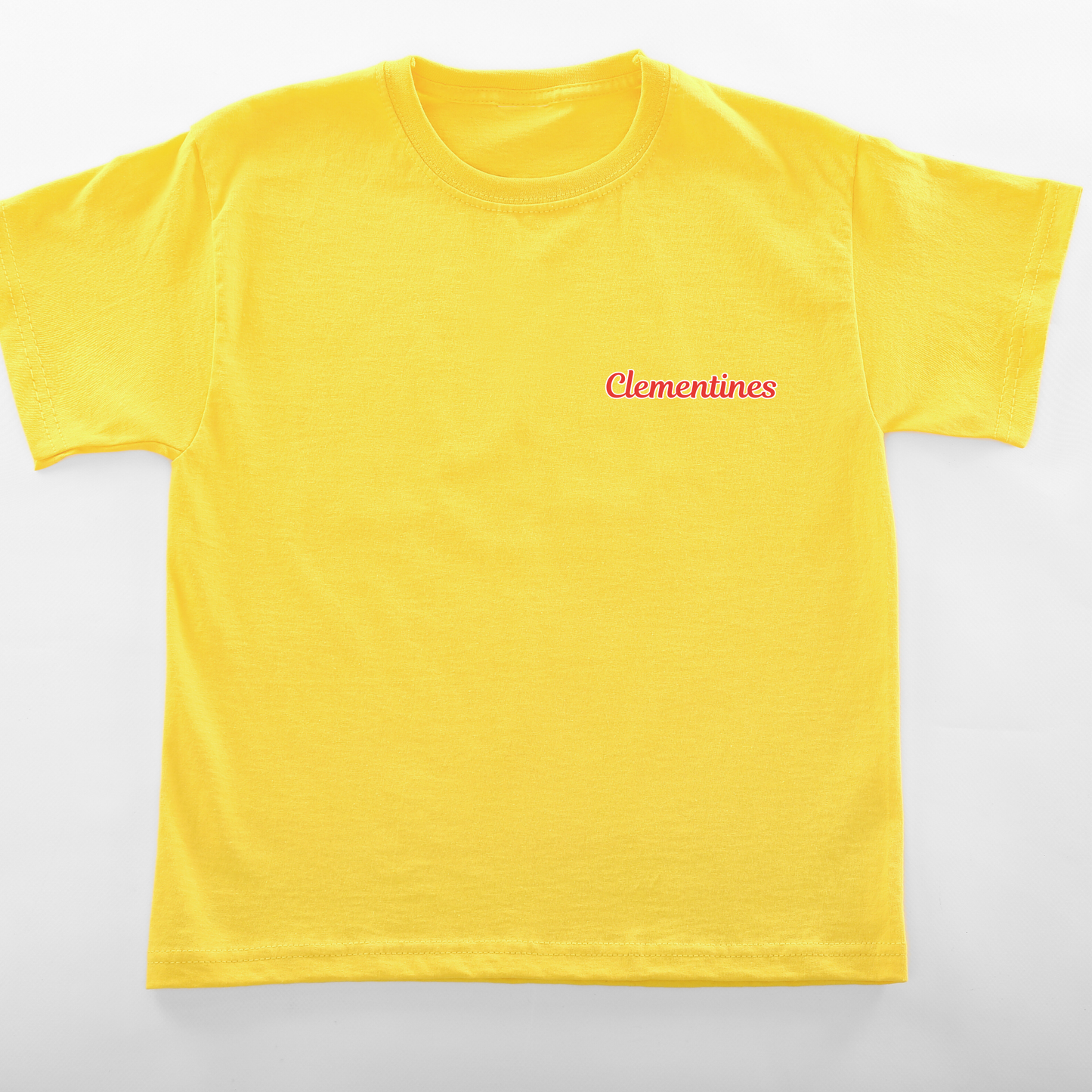 Yellow t-shirt with 'Clementines' text on a white background