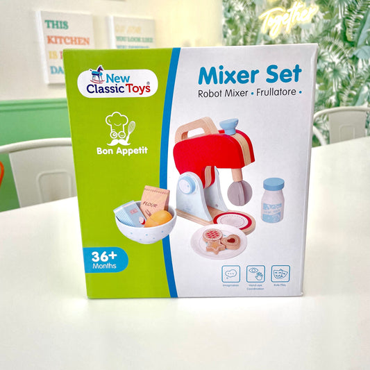 Box of New Classic Toys Mixer Set on a table with a blurred background