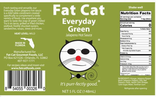 Label of Fat Cat Everyday Green Jalapeno Hot Sauce with cat graphic and nutrition facts.