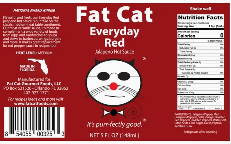 Fat Cat Everyday Red Jalapeno Hot Sauce label with cat face logo on red background