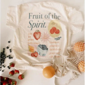 Product with 'Fruit of the Spirit' text surrounded by fruits on a light background