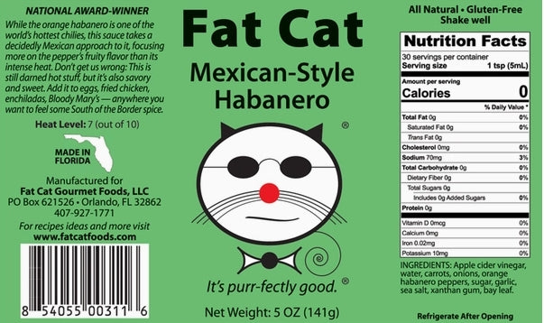 Label of Fat Cat Mexican-Style Habanero chili with green background and cat illustration.