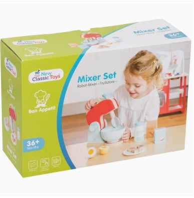 Box of New Classic Toys Mixer Set with a child playing with toy kitchen items.
