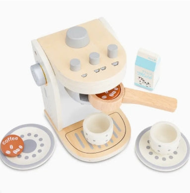 Wooden toy coffee maker set with various parts on a white background