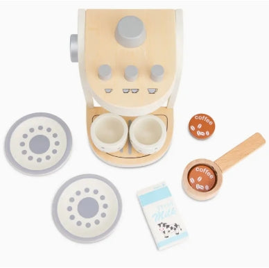 Wooden toy coffee maker set with accessories on a white background