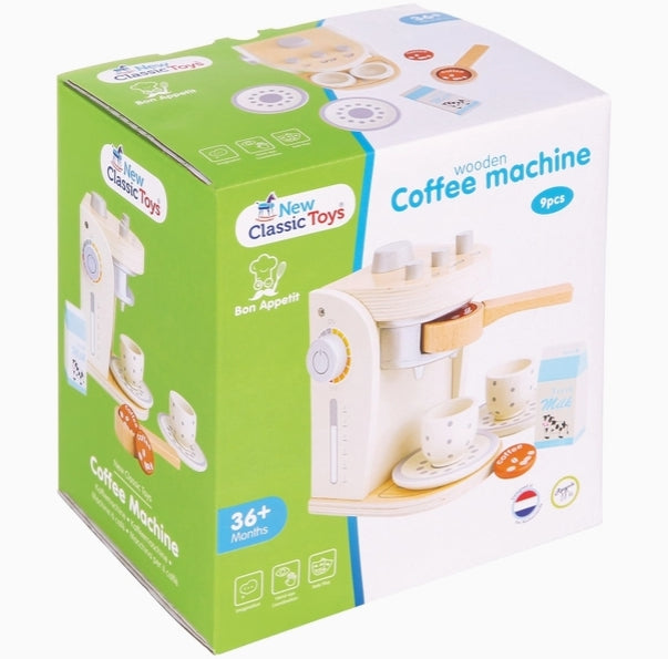 Box of New Classic Toys wooden coffee machine toy on a white background