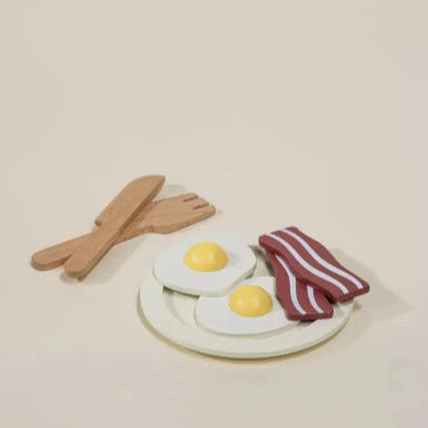 Two fried eggs on a plate with a slice of bacon, knife, and fork on a beige background